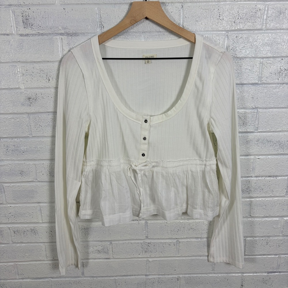 Pilcro Ribbed Henley Babydoll Top Womens M White Long Sleeve Peplum Blouse